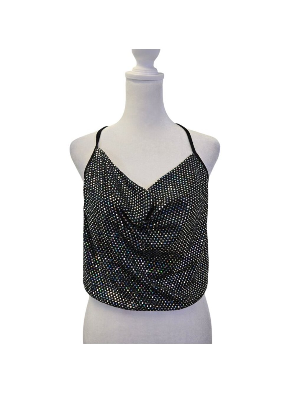 NWT Cupshe Sequin Crop Cowlneck Open Back Top Size Large